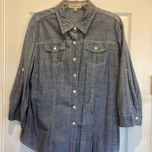 Denim Button-Up Blouse with Pockets